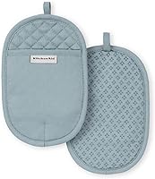 KitchenAid Asteroid Pot Holders 2-Pack, Blue - Heat-Resistant 100% Cotton Oval Potholders with Silicone Grips, 6.5x10 Inch