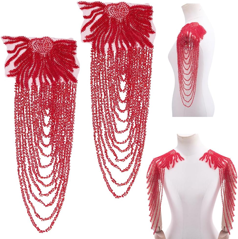 PH PandaHall 2pcs Shoulder Tassel Applique Rhinestone Applique for Clothes Sparkle Crystal Sewing Patches Wedding Dress Appliques for Shoulder Bodice Decor Party Craft, 15.7x6.5 inch