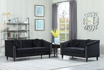 A Ainehome Living Room Furniture Sectional Sofa Upholstered Furniture Velvet Fabric Sofa 2 Piece Furniture Sofa Set for Living Room, Bedroom, Small Living Room, 3 Seat Sofa+LoevseatBlack