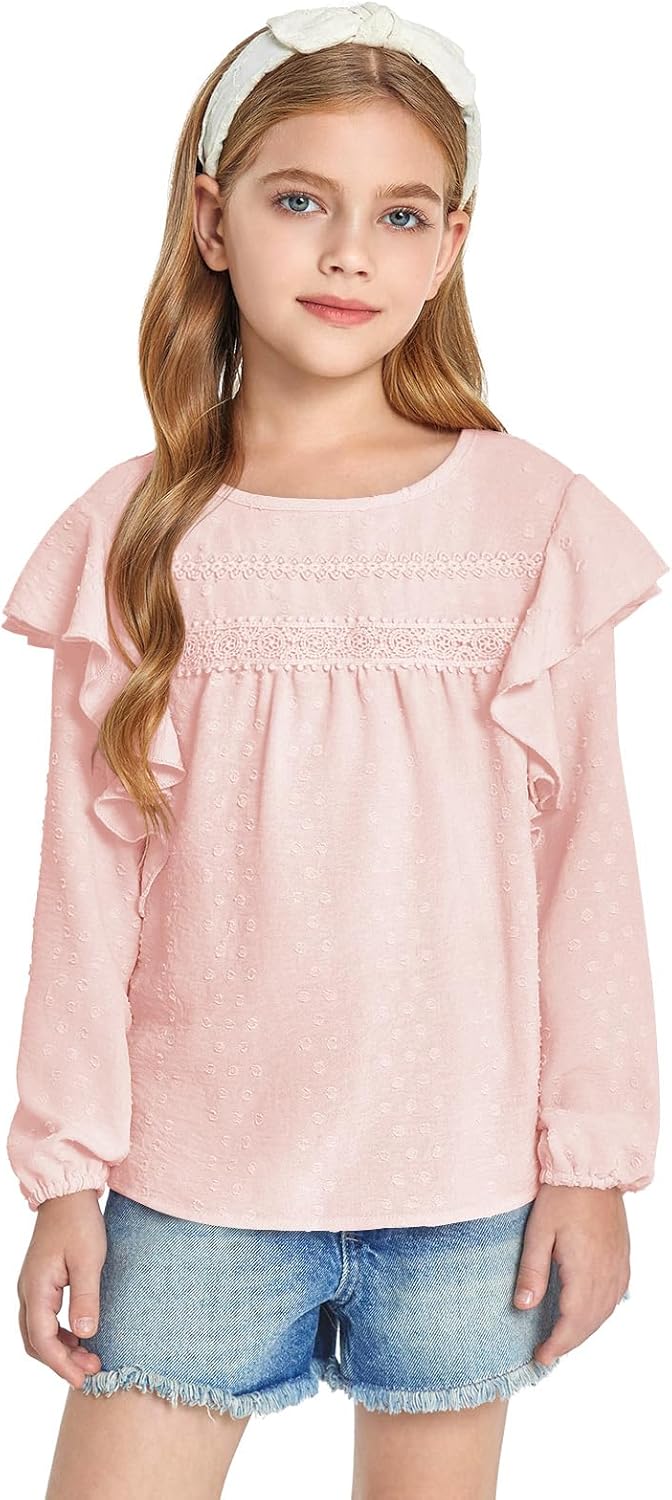 Haloumoning Girls Long Sleeve Shirts Cute Tops Crewneck Ruffle Swiss Dot Blouses for Kids 4-14 Years - Image 2
