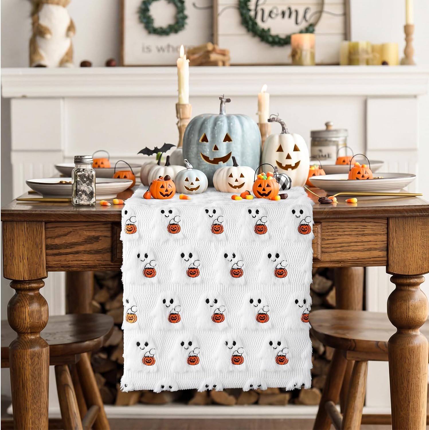 Hahafelt Halloween Table Runner 13x72 Faux Fur 3D Ghost Pumpkin