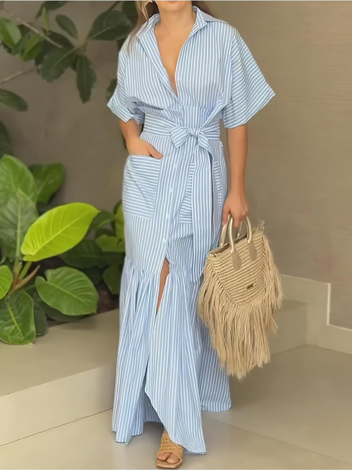 ebossy Women's Boho Striped Shirt Dress Button Down Tiered Ruffle Mermaid Fishtail Maxi Dress with Belt