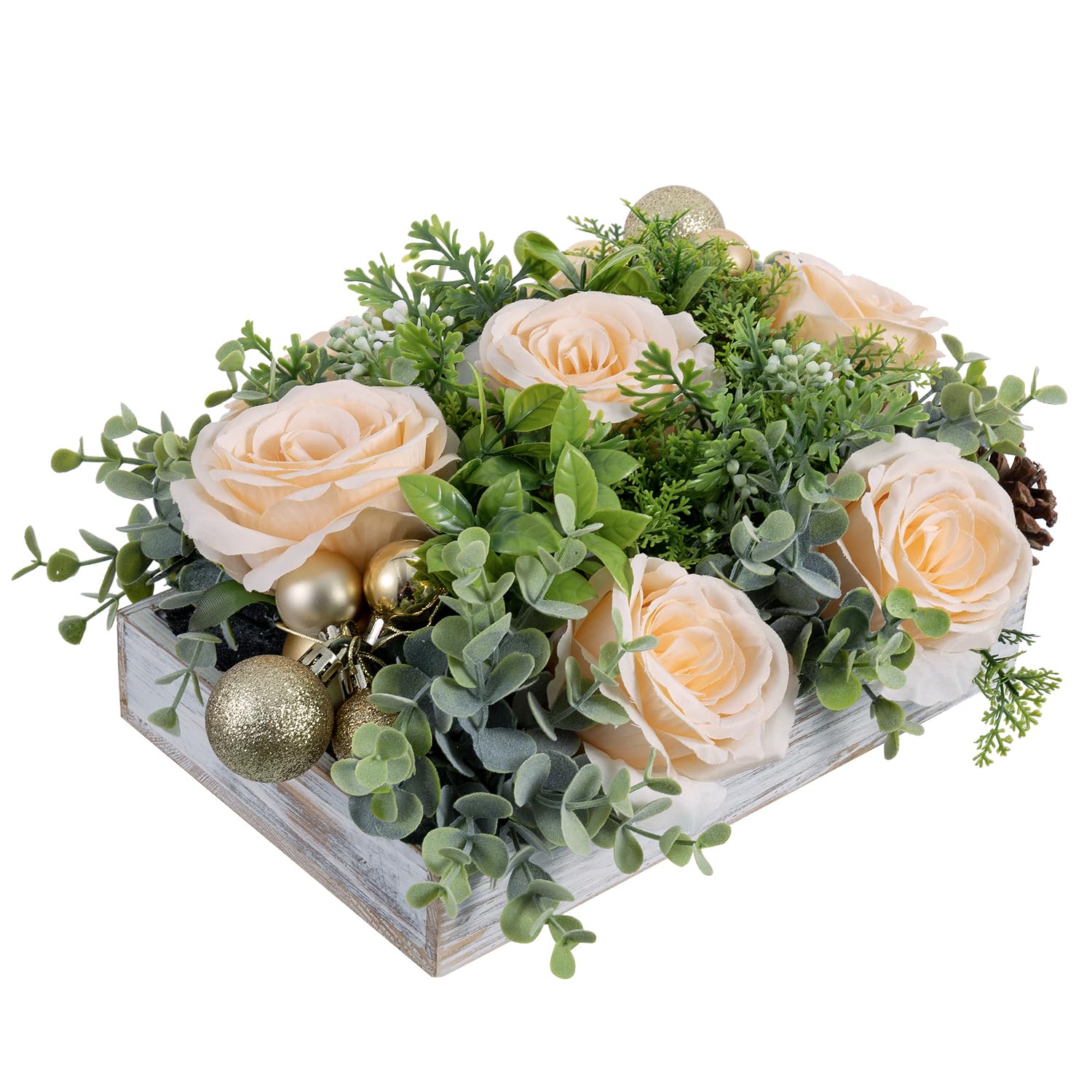 MyGift Artificial Champagne Rose Arrangement in Whitewashed Wood Box – 10.5" Faux Light Peach Flower Centerpiece with Greenery & Gold Accents for Wedding or Home Decor