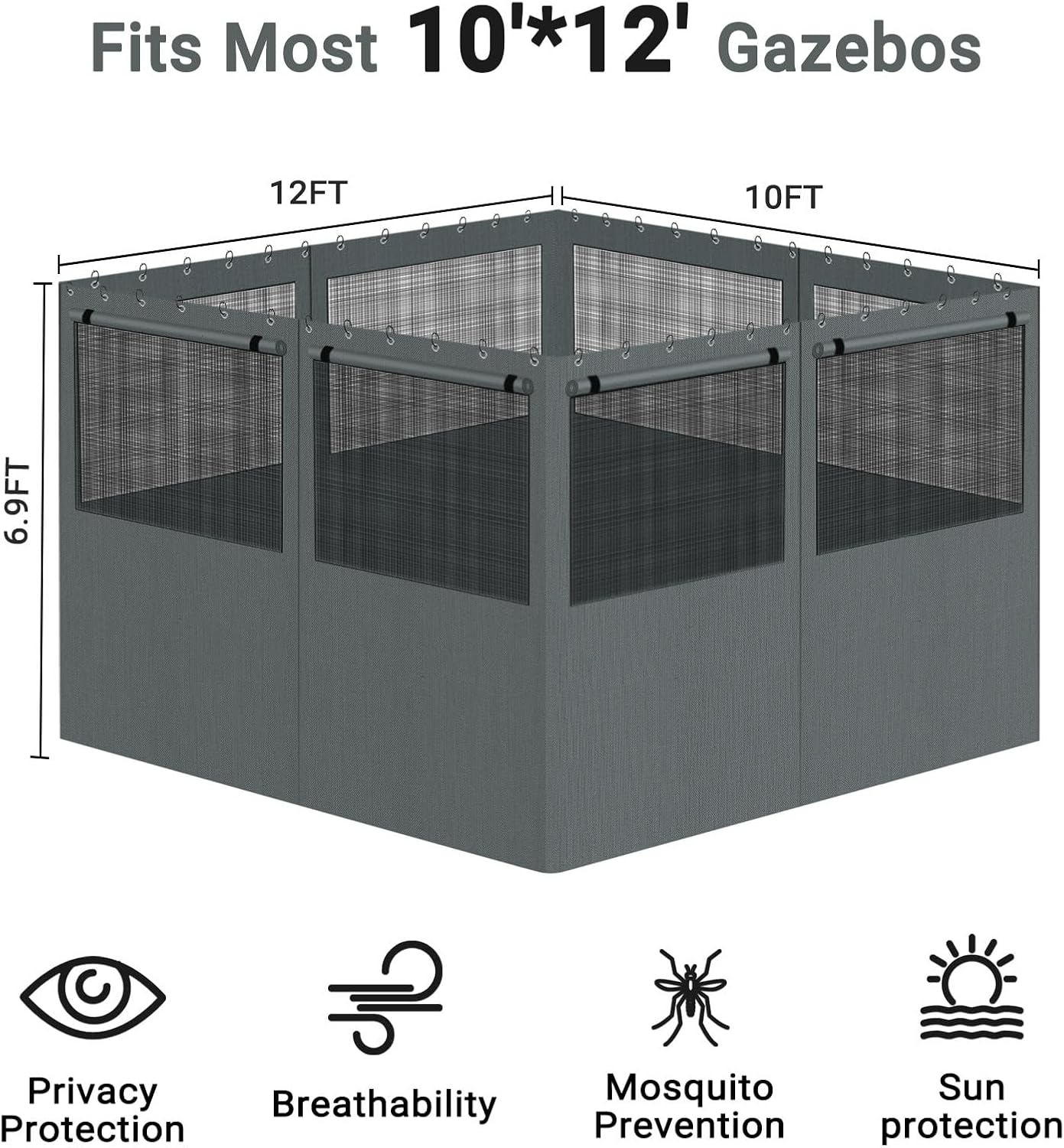 Gazebo Privacy Curtain 10'x12', Replacement Curtains with Mosquito Net Windows, 4-Panels Side Wall, Zippers, Waterproof Outdoor Curtains for Patio, Canopy, Garden and Backyard, Gray (Curtain Only)