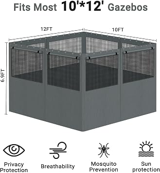 Gazebo Privacy Curtain 10'x12', Replacement Curtains with Mosquito Net Windows, 4-Panels Side Wall, Zippers, Waterproof Outdoor Curtains for Patio, Canopy, Garden and Backyard, Gray (Curtain Only)