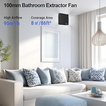 4 Inch 100mm Black Bathroom Extractor Fan, 12W Square Silent Bathroom Fan, Airflow 95m³/h, Wall/Window/Ceiling Mounted Extractor Fan for Shower Toilet Kitchen, 34 dB, IPX4 Waterproof (No Timer)
