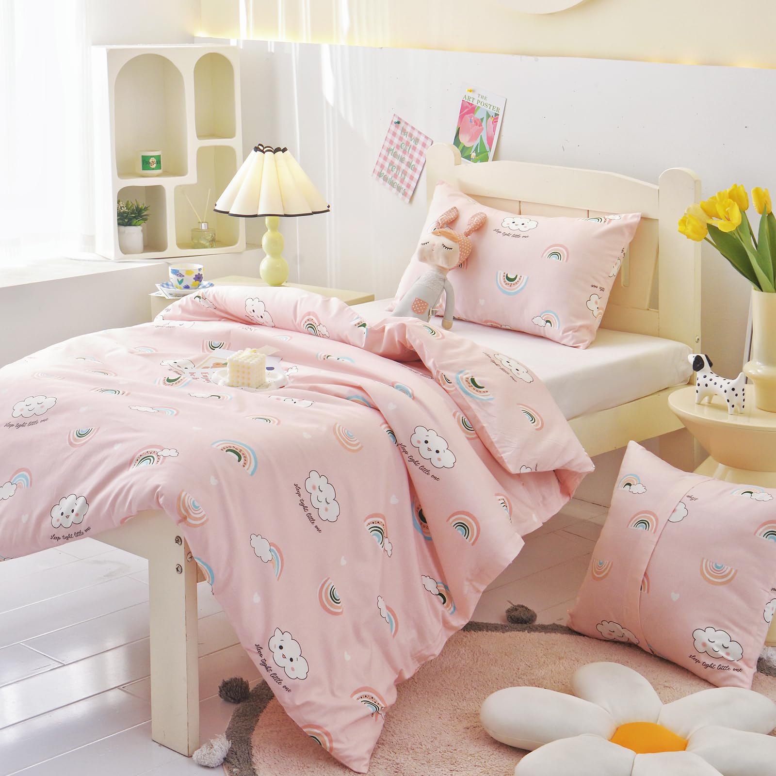 HMtideby Pink Rainbow Toddler Kids Bedding Set for Girls Cot Bed Duvet Cover with Pillowcase, 2 pcs, 120 x 150 cm - Image 4