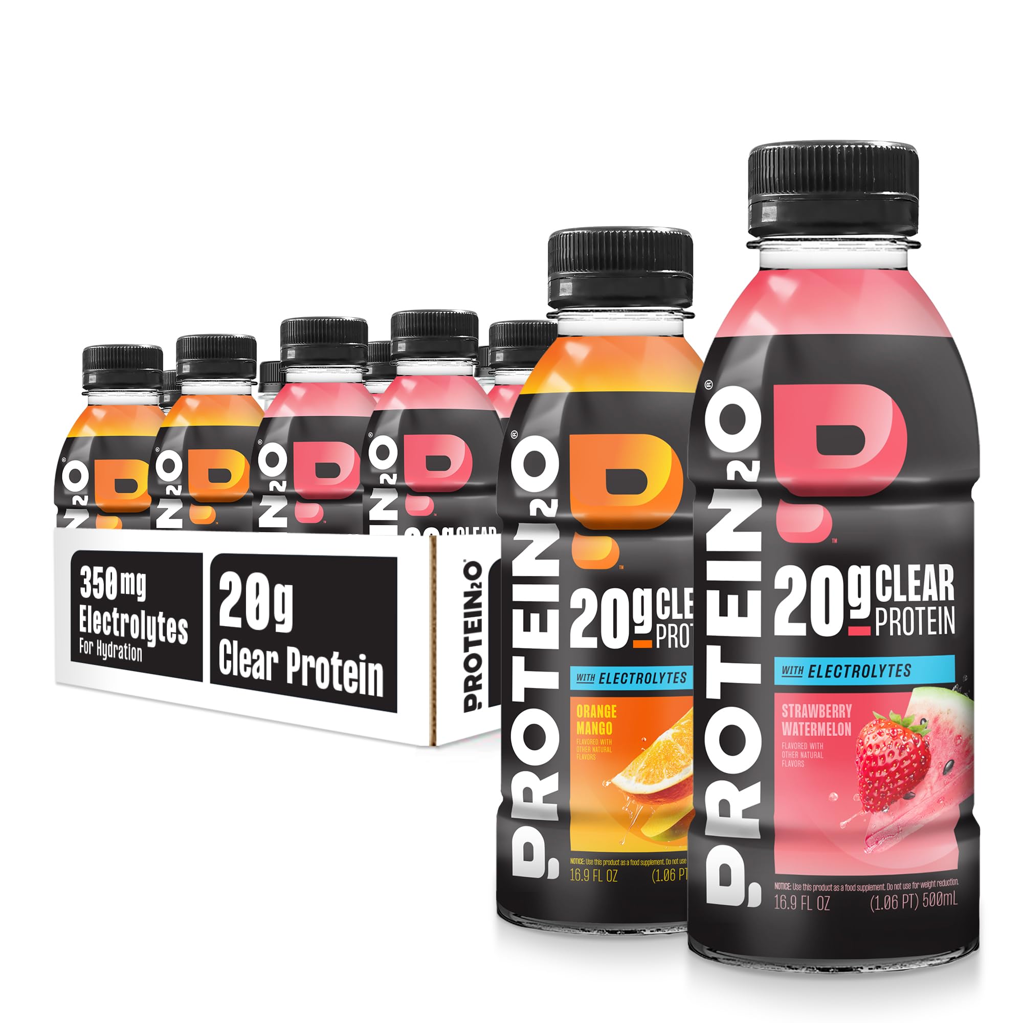 Protein2o Hydration Drink - 2-in-1 Liquid Clear Whey Protein Isolate and Electrolyte Drink - 20g Protein, Vitamins B5, B6 - Post-Workout Recovery - 16.9 Fl Oz - 12 Count Variety Pack