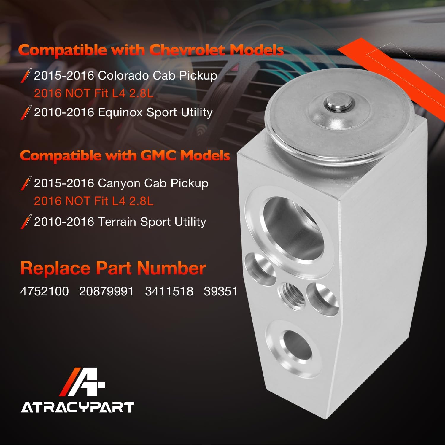 A/C Expansion Valve Compatible with Chevrolet Equinox 2010-2016, Colorado 2015-2016, GMC Terrain 2010-2016, Canyon 2015-2016 –Replacement Part 39351, 4752100, 20879991, 3411518