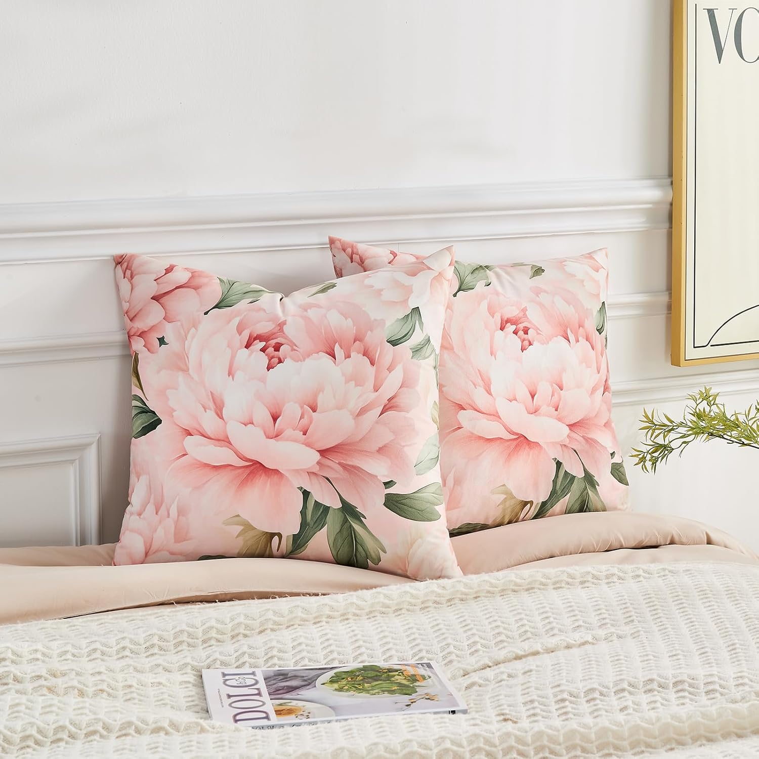 Pink Peony Floral Throw Pillow Covers 20x20 Set of 2, Soft Velvet Decorative Cushion Cases, Shabby Chic Farmhouse Home Decor for Sofa Couch Bed
