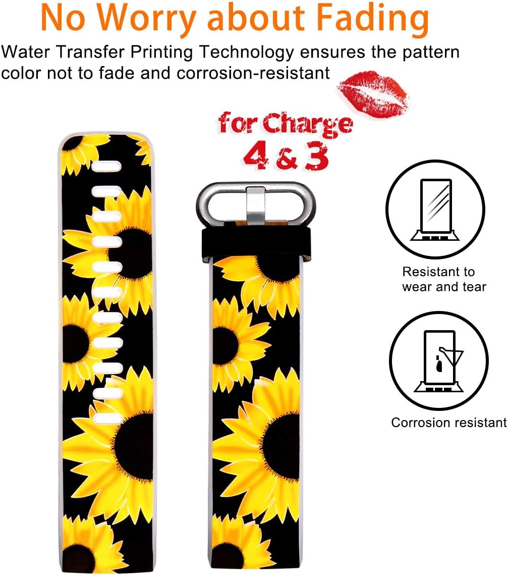 Maledan Compatible with Charge 4 Bands for Women Men, Soft Fadeless Pattern Band Printed Strap Replacement for Charge 4/Charge 4 SE/Charge 3 Fitness Tracker, Small, Black Sunflower