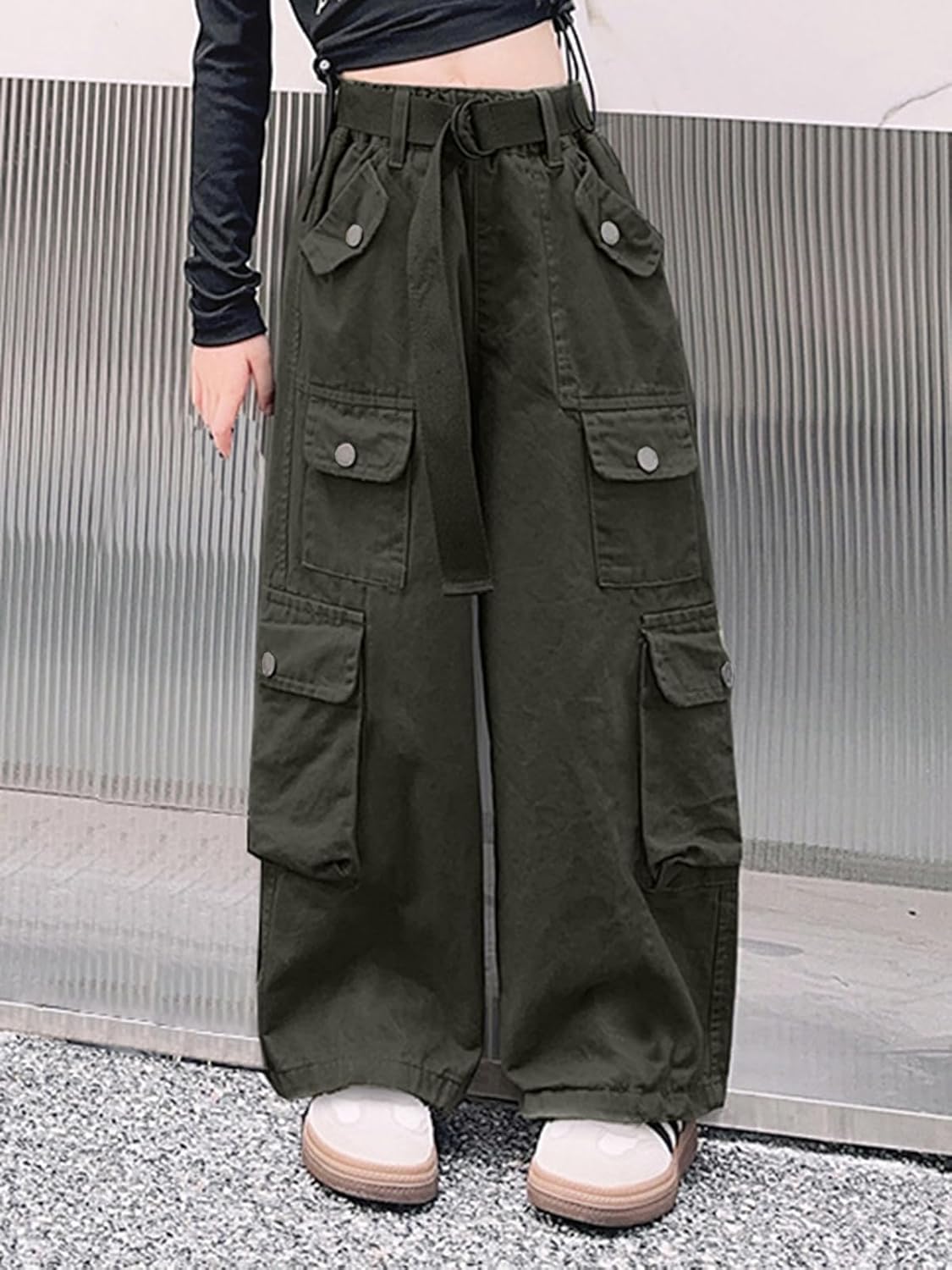 AOWKULAE Girls Loose Casual Pants Cargo Pants Waist Wide Leg Pants Kids 6-14 Years - Image 4