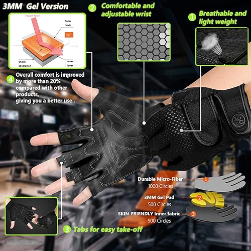 Miniatura 2 de MOREOK Workout Gloves Padded Weight Lifting Gloves for Men/Women, [3MM Gel] Fingerless Grip Gym Gloves Fitness Gloves for Negro