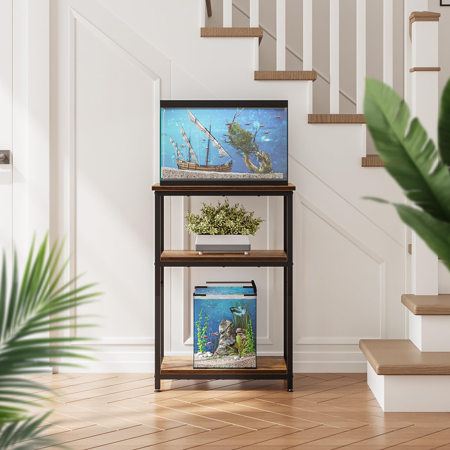 APPLOYN Aquarium-Ständer mit 3-stöckigem Aufbewahrungsregal, robuster Metallrahmen für Schildkröten, Reptilien, Terrarium, für Wohnzimmer, 52,1 x 29 x 29,5 cm (L x B x H), Vintagebraun