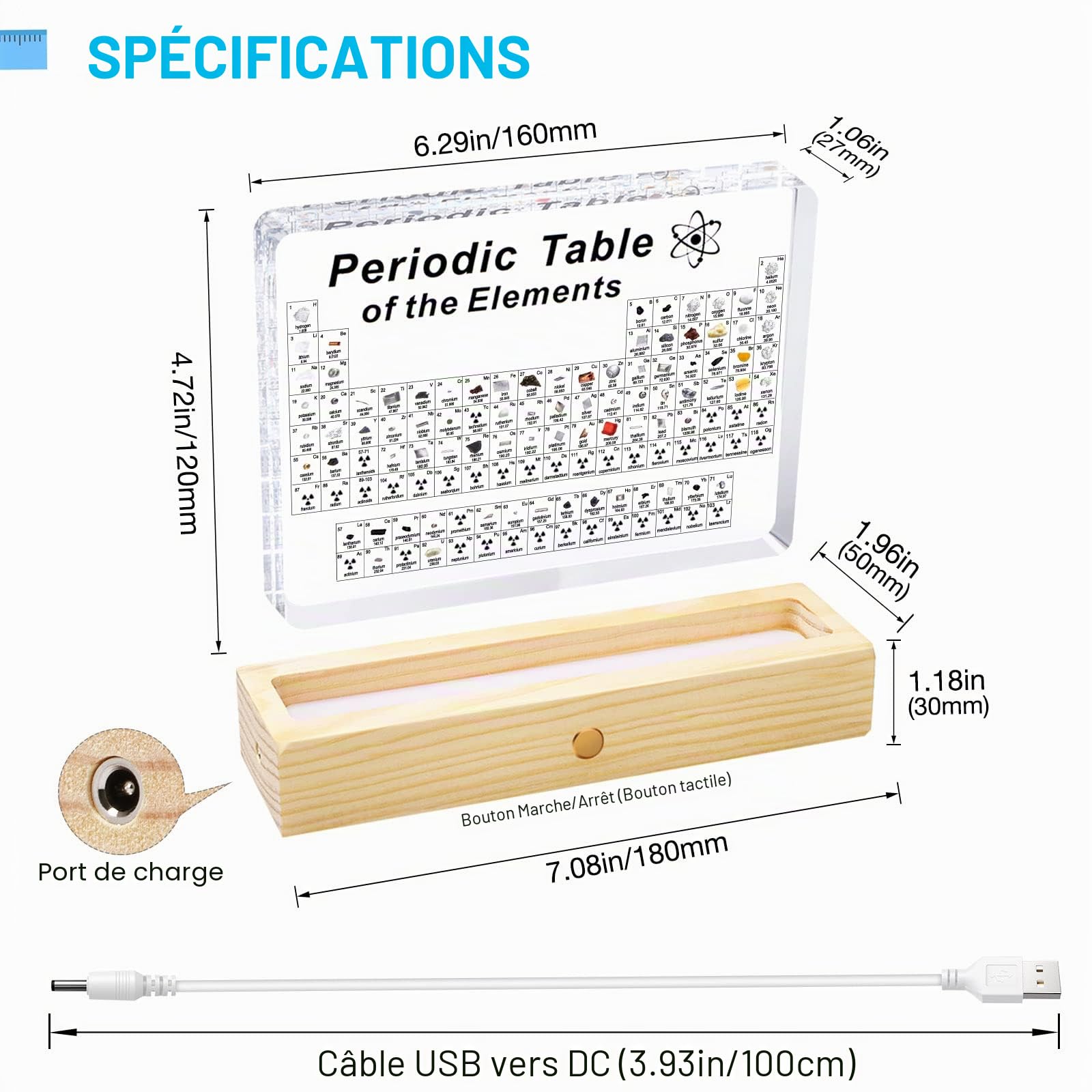 Jeebel Tableau Périodique des Éléments Réels, Tableau Periodique en Acrylique de Lampe Table LED avec Élément Vrai pour Outil Enseignement/Affichage Elements Chimiques pour Enseignant Étudiant Enfant