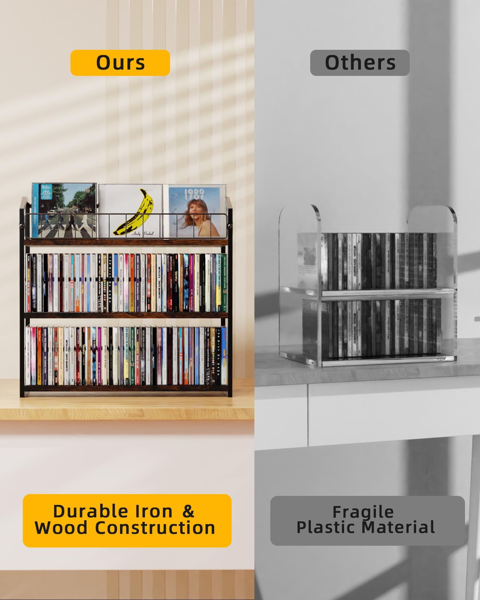 TJ.MOREE Porta dischi in vinile a 3 ripiani, stile industriale, retrò, in acciaio al carbonio/legno, organizer salvaspazio da scrivania
