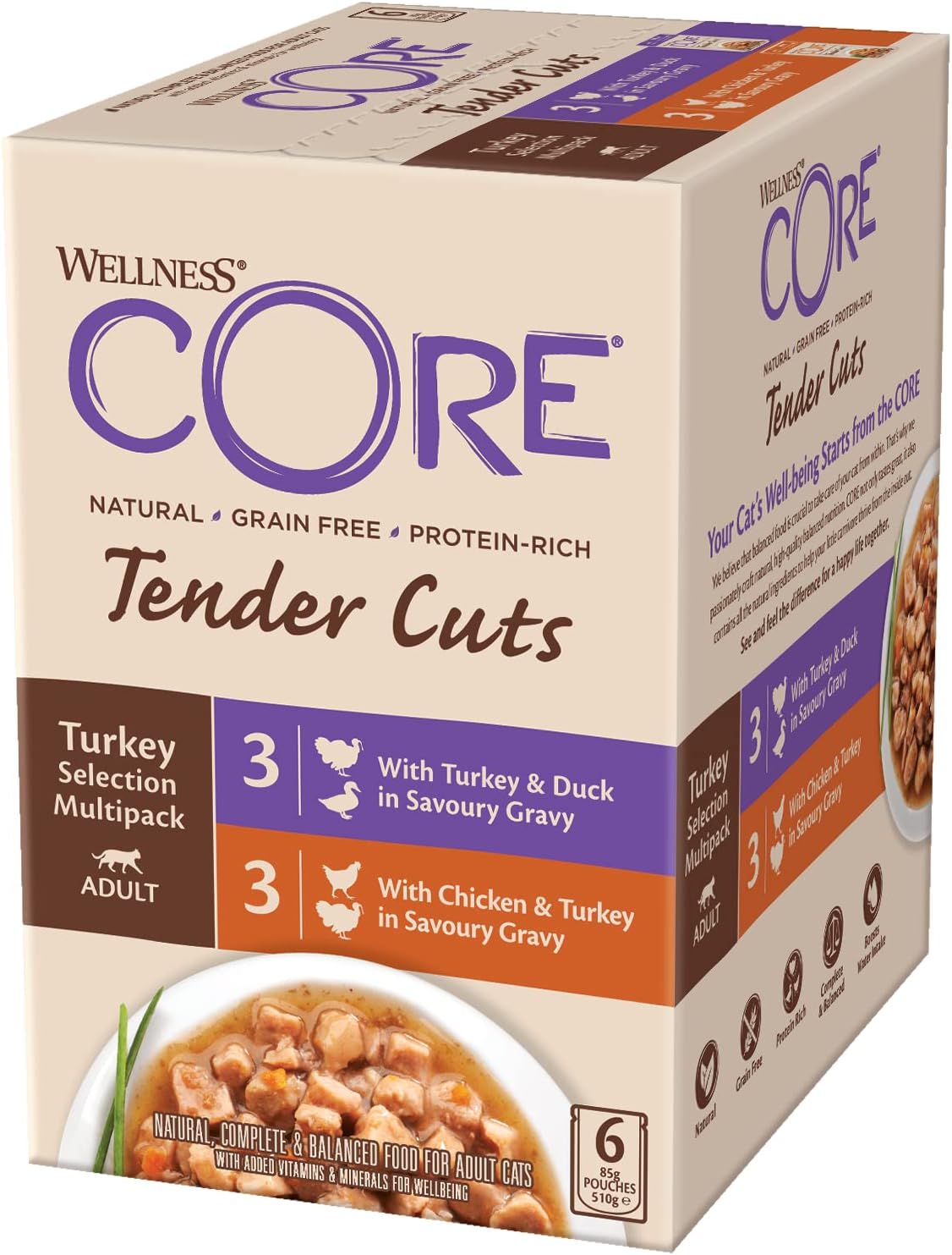 Wellness CORE Tender Cuts 6 x 85g, Turkey Selection Mix – Wet Cat Food, Tender Pieces in Sauce, Grain-Free, Natural, Hypoallergenic, Protein-Rich, High Meat Content