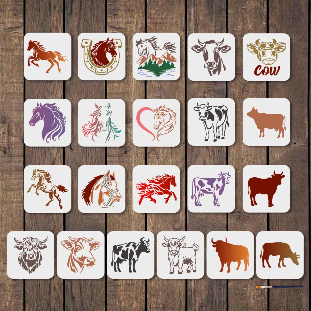 Pochoirs animaux de ferme vache cheval 21 pcs pour peinture sur bois