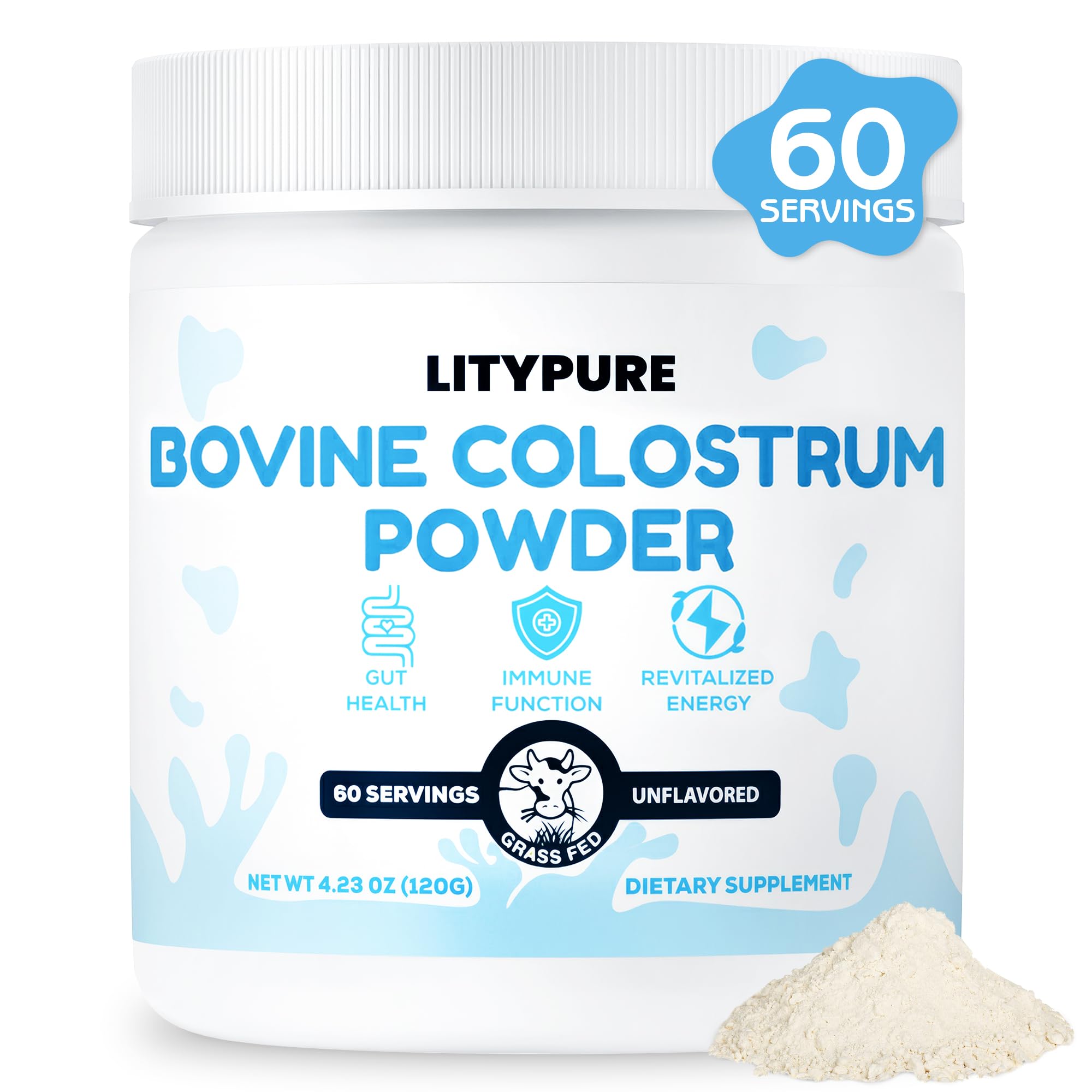Colostrum Supplement for Gut Health, Hair Growth, Beauty and Immune Support | Rich IgG Pure Bovine Colostrum for Humans | Gluten Free, Made in USA, Unflavored