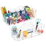 mDesign Plastic Divided Art and Craft Storage Organizer Caddy Tote Bin with Handle for Home Office and Living Room - Holds Pencils, Crayons, Sewing Supplies - Lumiere Collection, 2 Pack, Clear