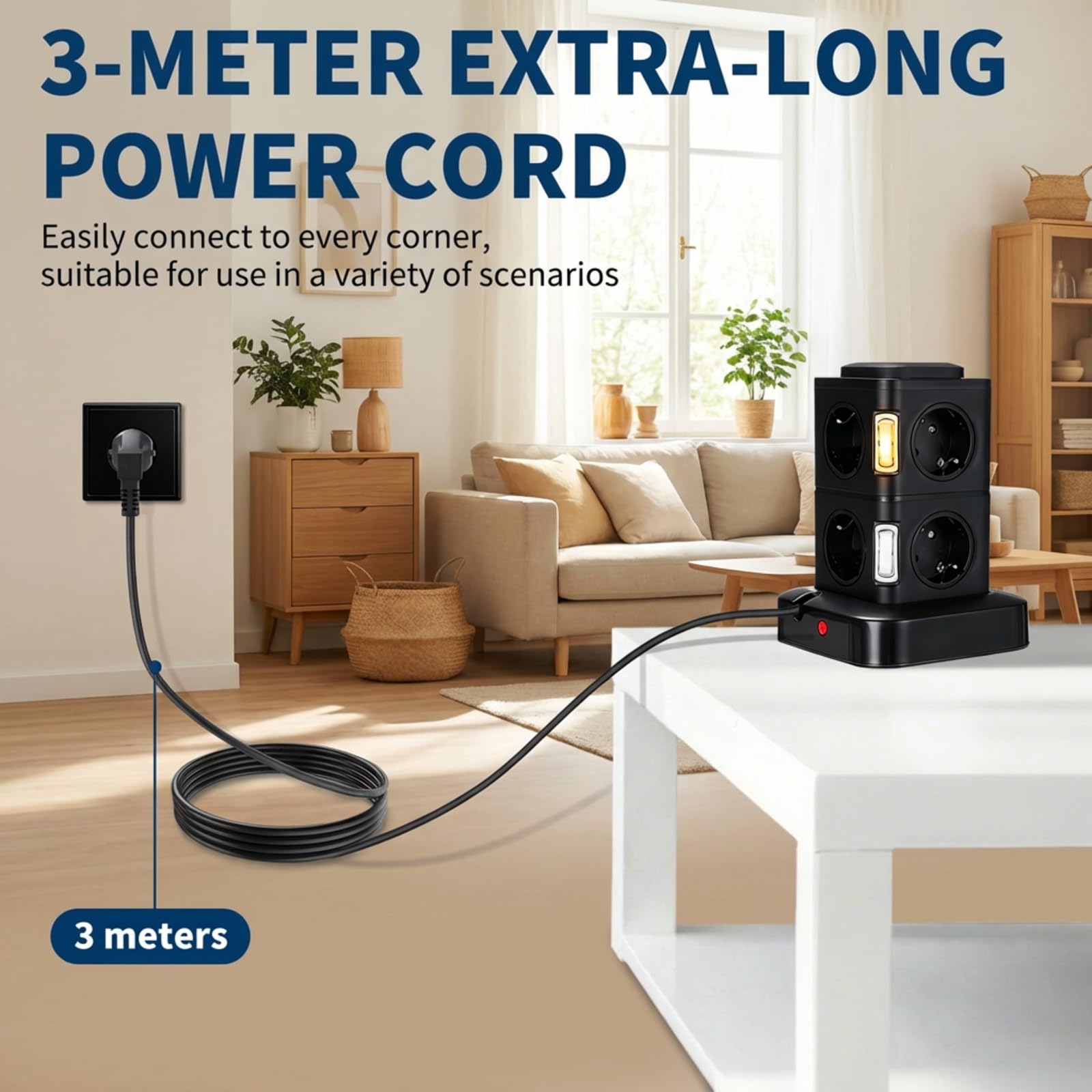 Torre Regleta Enchufes 8 Tomas AC y 4 USB Enchufe Multiple 2500W/10A Regleta Enchufes Protección contra Sobretensión Regreltas Vertical 3metro con Interruptor para Oficina y Hogar — view 5
