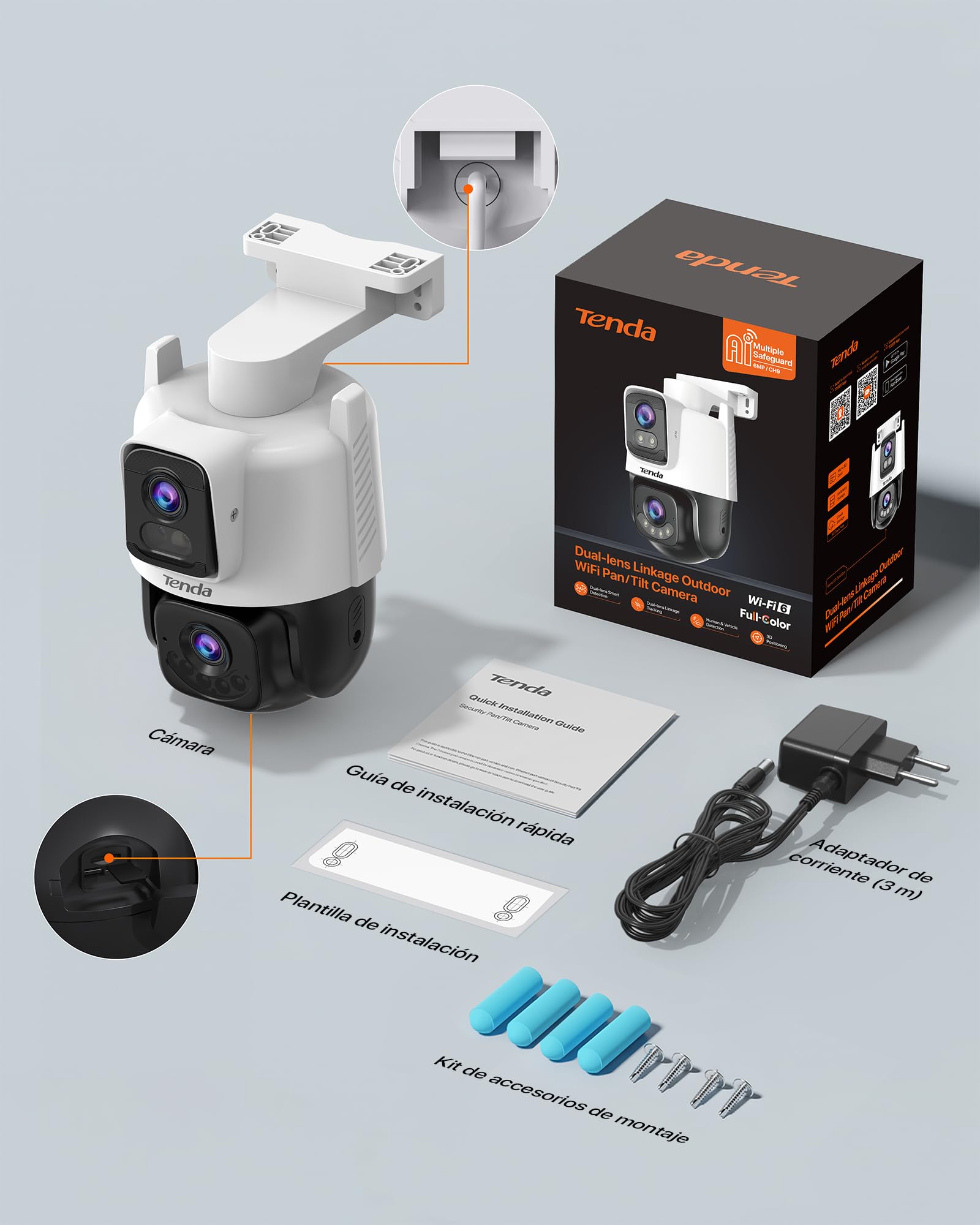 Tenda CH9 Cámara Vigilancia Wifi Exterior con lente dual 2K+2K, Visión nocturna, Camara vigilancia de seguridad, Detección de personas y vehículos, Alerta y Seguimiento automático, Audio bidireccional