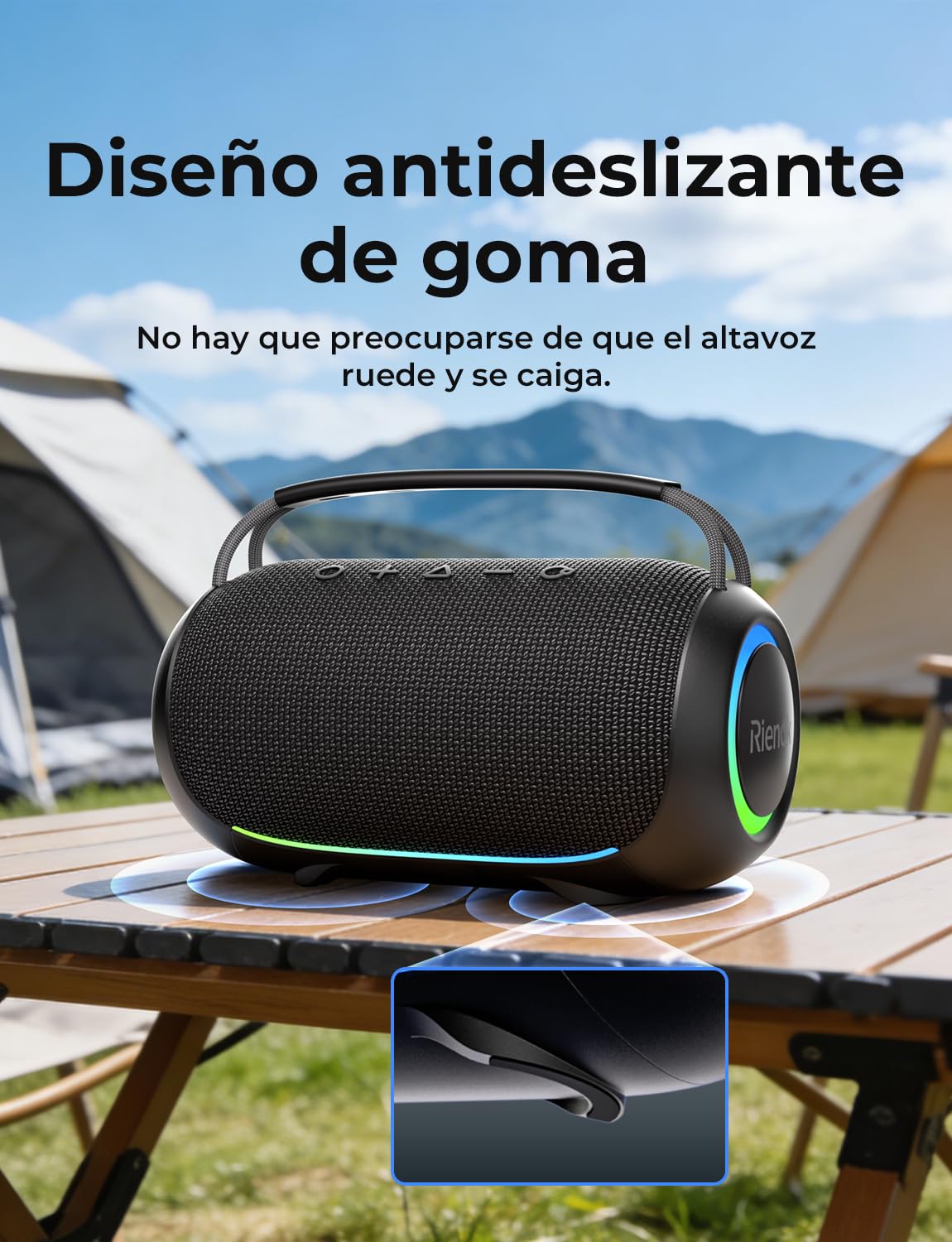RIENOK Altavoz Bluetooth Potente 80W Portátil 30H Impermeable IPX6 con Luces RGB Bluetooth 5.3 Inalámbrica Emparejamiento Estéreo Apoya 128G Tarjeta TF, AUX, Memoria USB