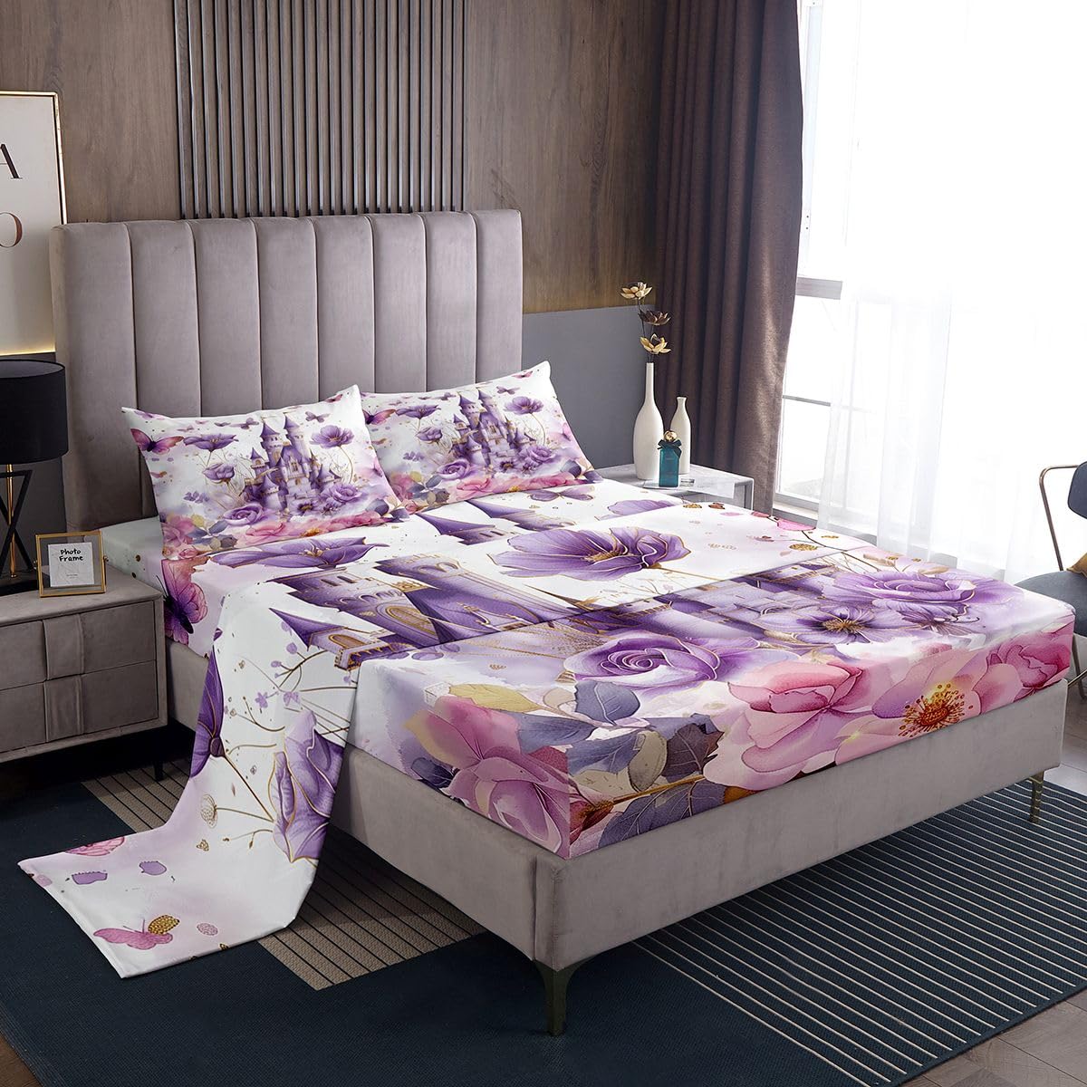 jejeloiu Princess Bed Sheets Set Queen Size Castle Purple Bed Set for Kids Boys Girls Cute Deep Pocket Fitted Sheet Kawaii Breathable Soft Lightweight Microfiber Purple White
