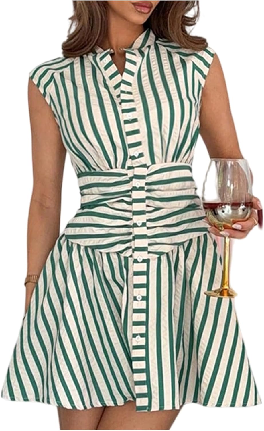 SOLY HUX Women's Striped Button Down Shirt Dress Elegant Ruched Cap Sleeve Mini Work Dresses with Pockets