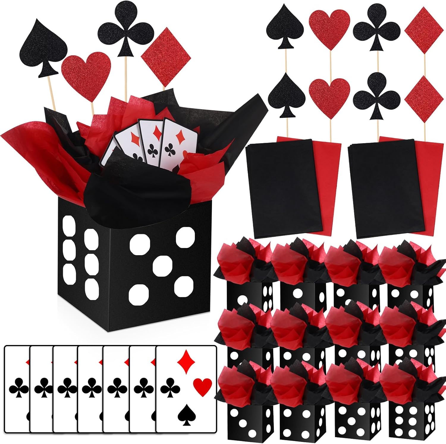WinnerWhy 12 Sets Casino Theme Party Decorations 6. 7'' Paper Black Dice Boxes Casino Night Table Centerpiece with Poker Sticks Cutouts for Poker Birthday Party Supplies