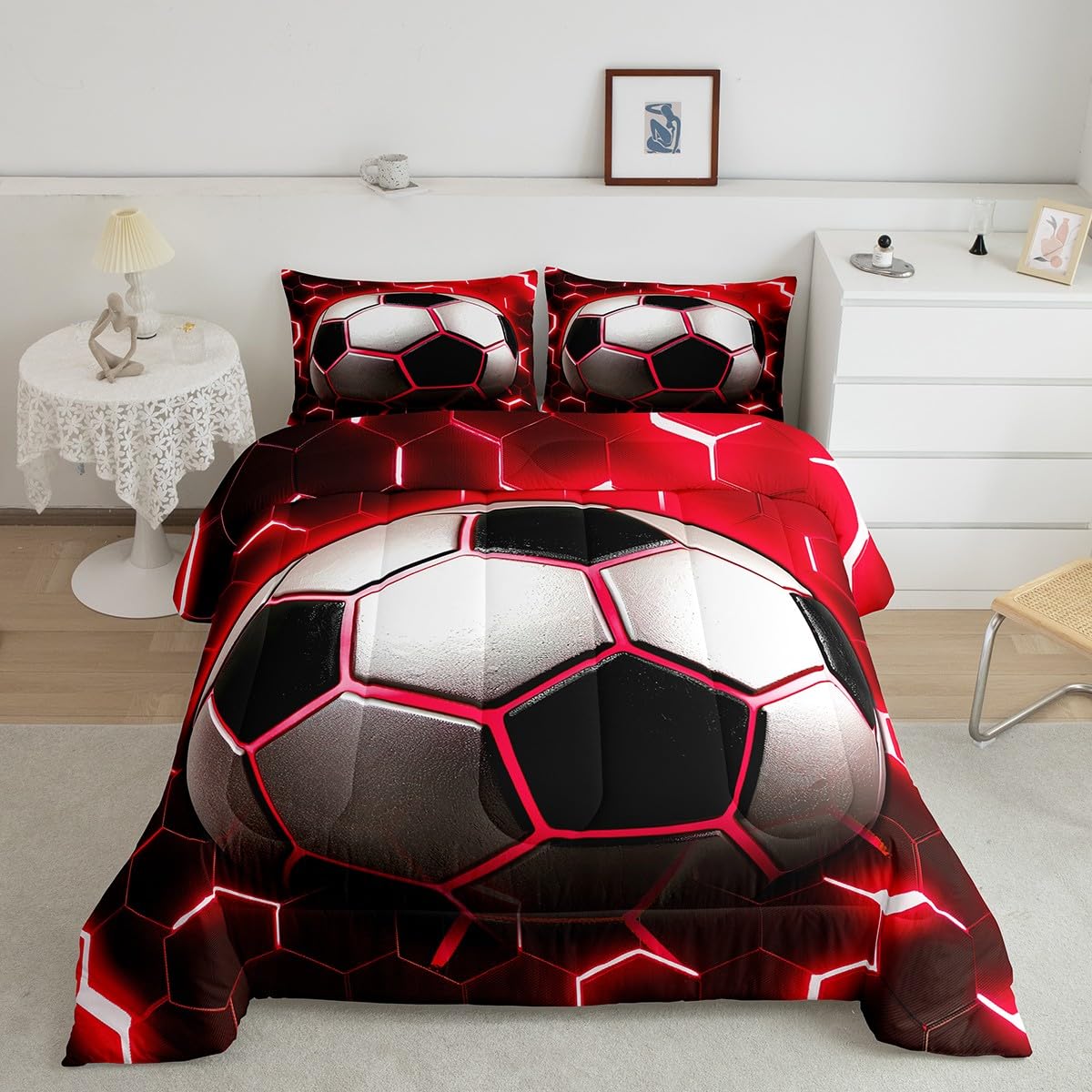 Erosebridal Football Comforter Set Twin for Boys Soccer Bedding Comforters & Sets,Red Neon Light Decor Duvet Modern Style Glowing Honeycomb Quilt Comforter 2pcs,Sports Themed Bedroom Decor