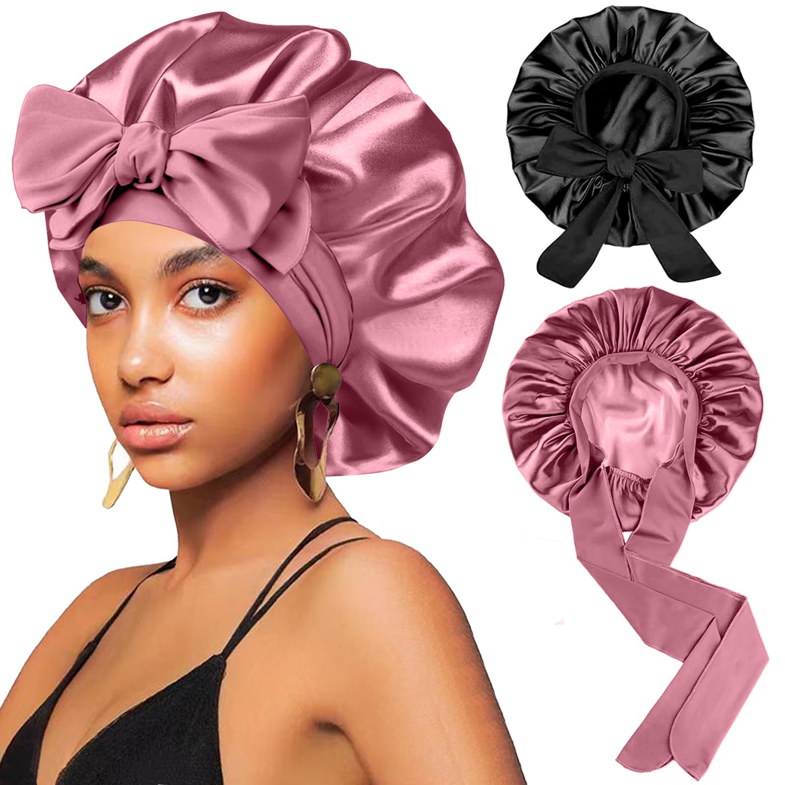 2 Gorros de satén de Seda para Mujeres Que Duermen. Gorros Grandes de satén para Dormir para Mujeres con Banda elástica para el Cabello de Seda con Correas Ajustables, Gorro de Dormir Nocturno para