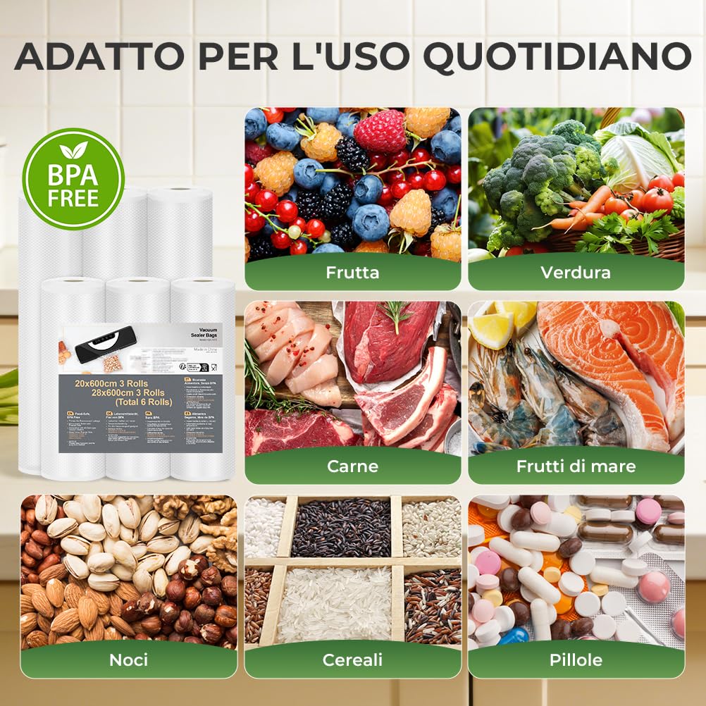 Sacchetti Sottovuoto Alimenti 6 Rotoli 20/28x600cm, Goffrato Sacchetti Sottovuoto per Macchina Sottovuoto e Cottura Sous Vide, Senza BPA