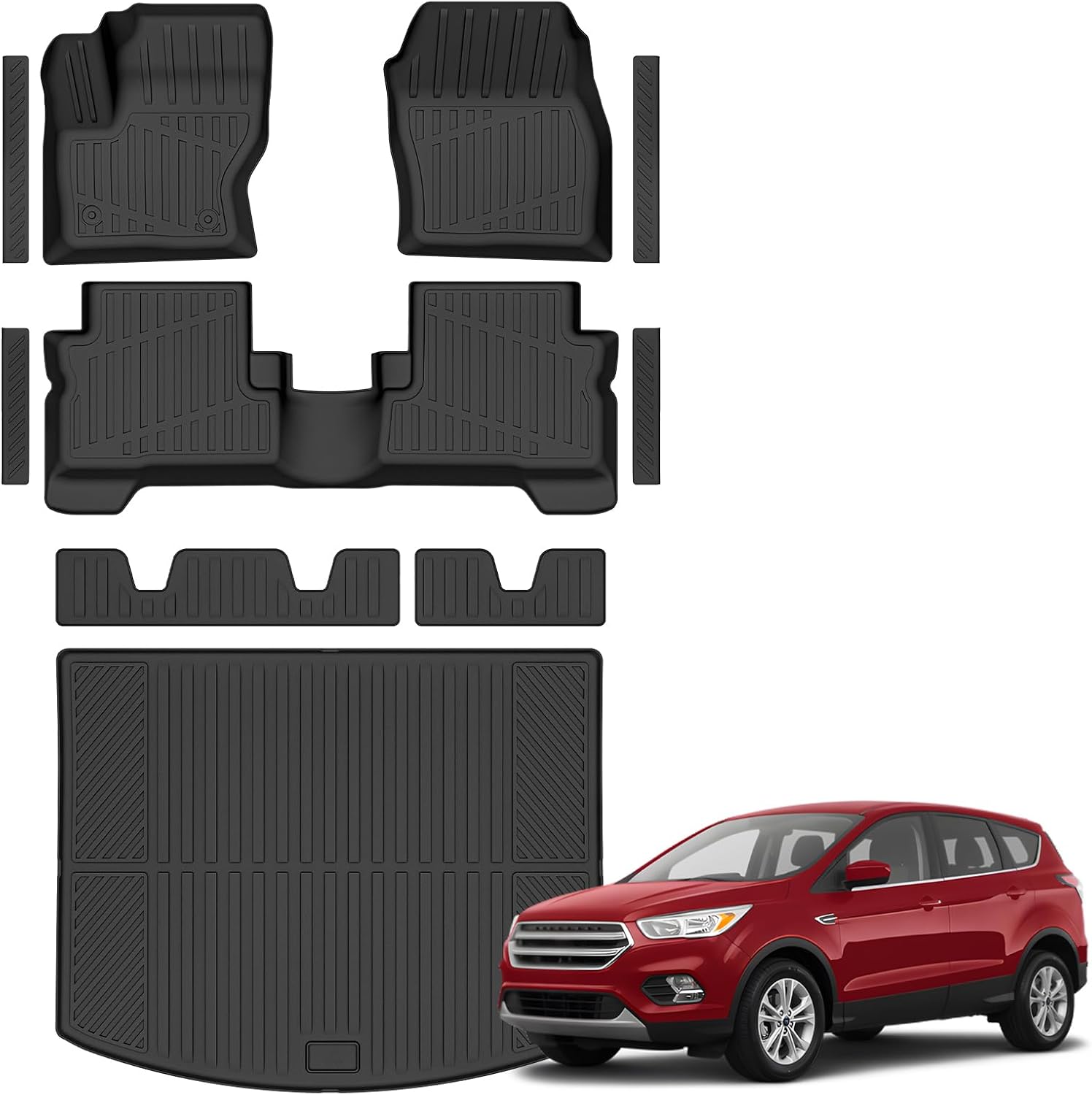 Floor Mats & Cargo Liner Custom Fit for Ford Escape & C-max 2013-2019, Door Sill Guards, All Weather TPE Rubber Anti-Slip 1st & 2nd Row & Trunk Mat Floor Liners for Escape 2019 Accessories