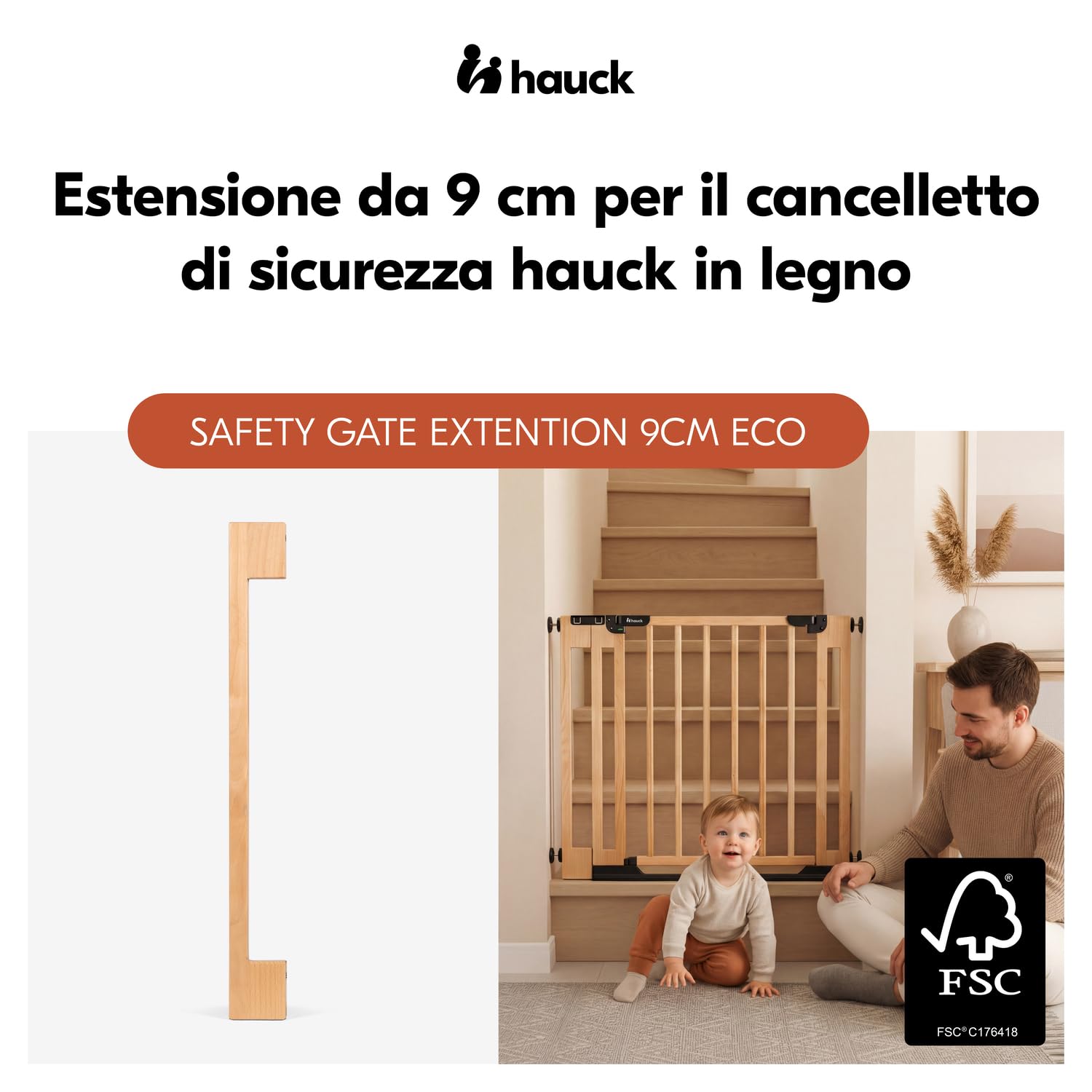 hauck Estensione da 9 cm Compatibile con Cancelletto di Sicurezza Clear Step Easyclose Eco, Legno di Faggio, Accessorio per Cancellino Bambini e Cani