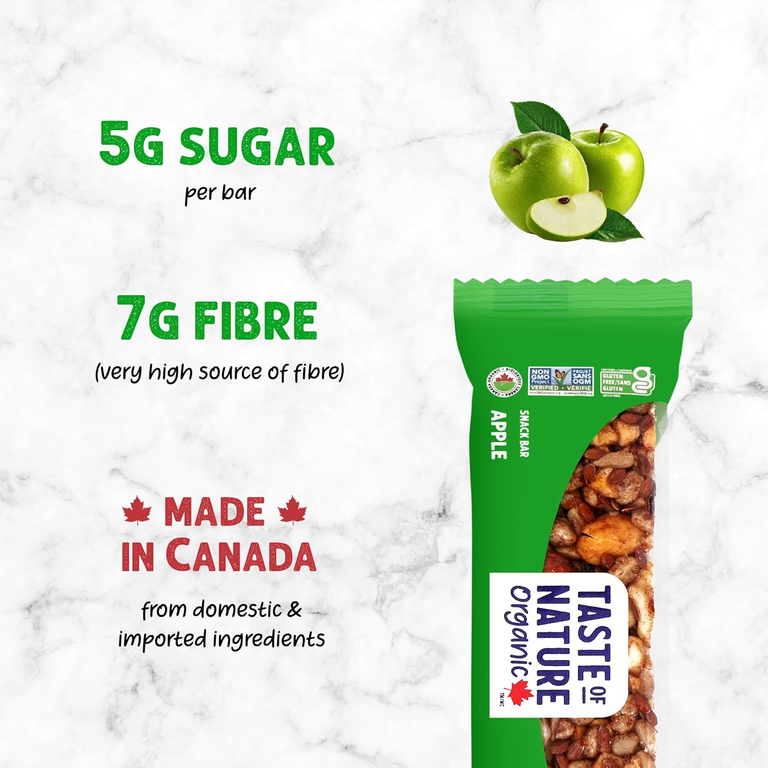 Taste of Nature Organic Apple Snack Bar - Healthy, Gluten Free, Non GMO, Vegan Snack Bars with Mixed Nuts, Fruits and Seeds - 16-Count Snack Pack