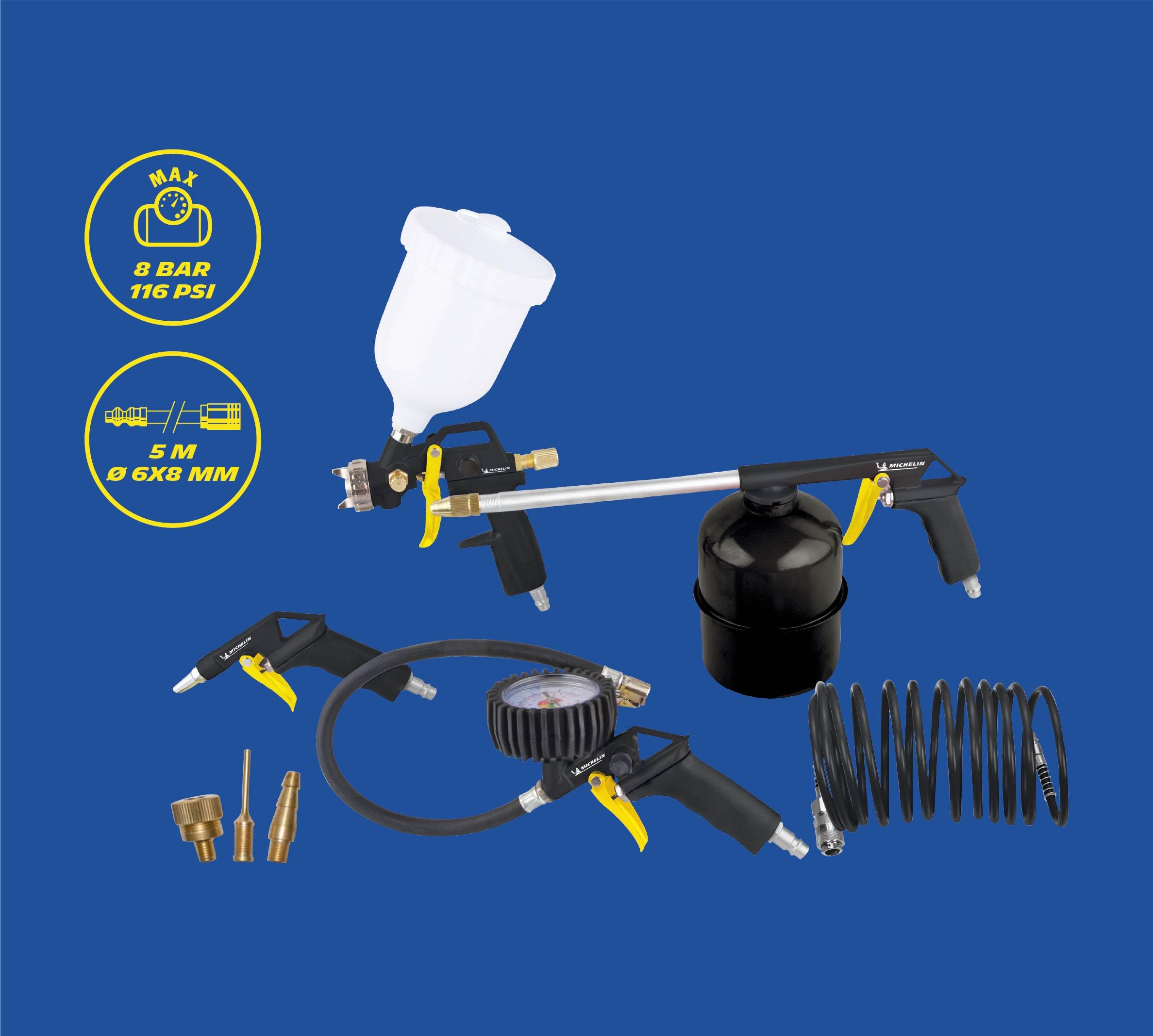 MICHELIN, Kit Accessori per Compressore 8 Pezzi (Include Tubo a Spirale 5m Completo di Attacchi Rapidi, Pistola di Gonfiaggio, Pistola di Soffiaggio, Aerografo a Gravità, Pistola di Lavaggio, 3 Ugelli