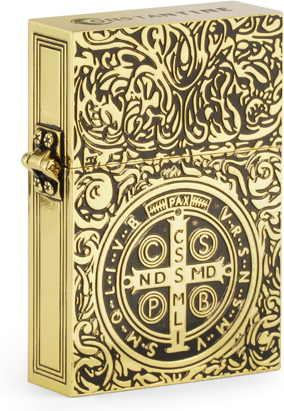 Vintage Carved Heavy Armor Kerosene Constantine Lighter, Gold St. Benedict Metal Windproof Lighters, Oversized Collectible Lighter for Men, Unique Gift for Dad, Husband