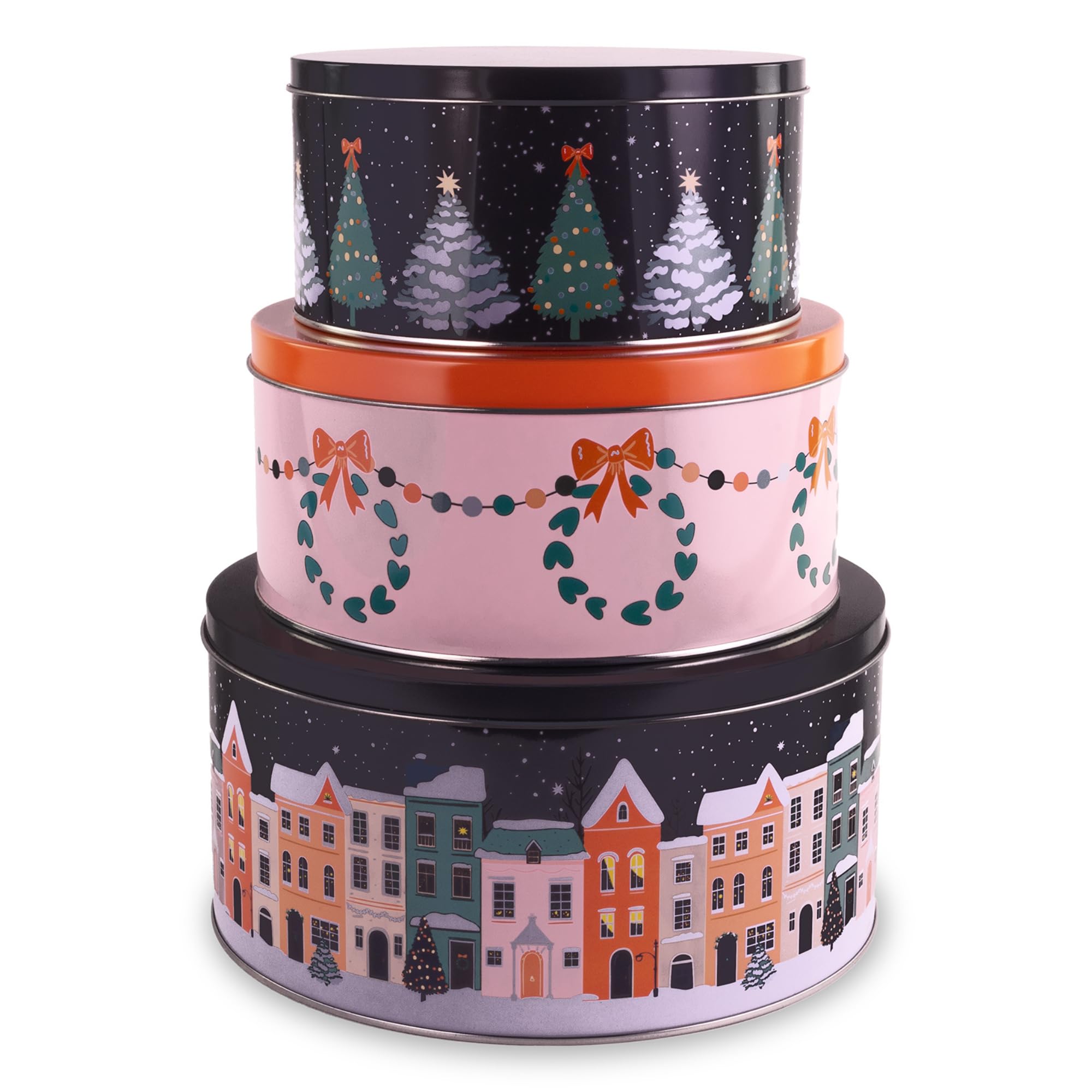 Steel Mill & Co Christmas Cookie Tins Set Of 3 - Square Nesting Metal Tins With Lids For Gifts & Treats