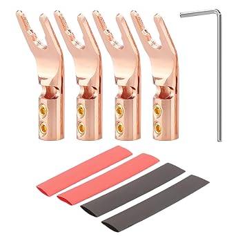 4X Hi-end Speaker Fork Spade Connectors, Double Screw Fixing Y Spade Plug Connectors, Pure Copper Speaker Cable Lug with Heat Shrink Tubing and Hex Wrench