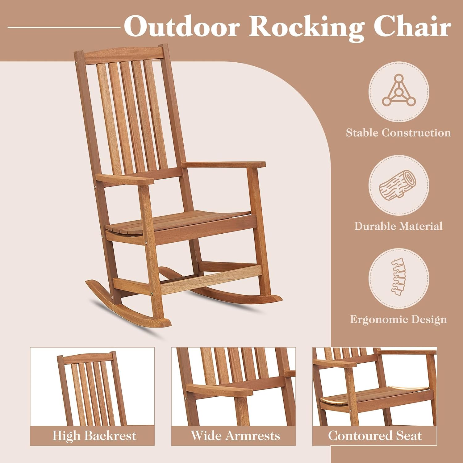 Giantex Outdoor Rocking Chair, High Back Patio Rocker w/Armrests, Hardwood Lounge Rocking Chair with Smooth Rocking Base & Slatted Design, Wood Porch Rocker for Backyard, Poolside (1, Natural)