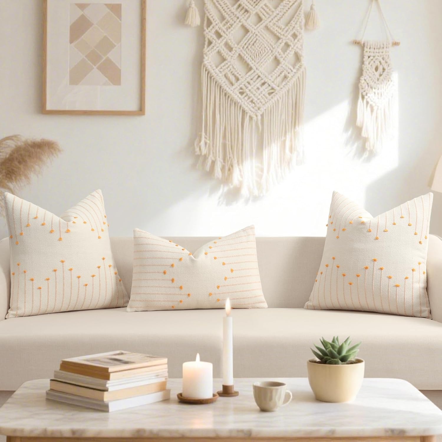 Boho Outdoor Throw Pillow Covers 22x22 Set of 2 Neutral Woven Decorative Pillowcases Cotton Tufted Couch Pillows Farmhouse Cushion Covers for Sofa Couch Bed Living Room Home Decor, Golden Yellow image 4