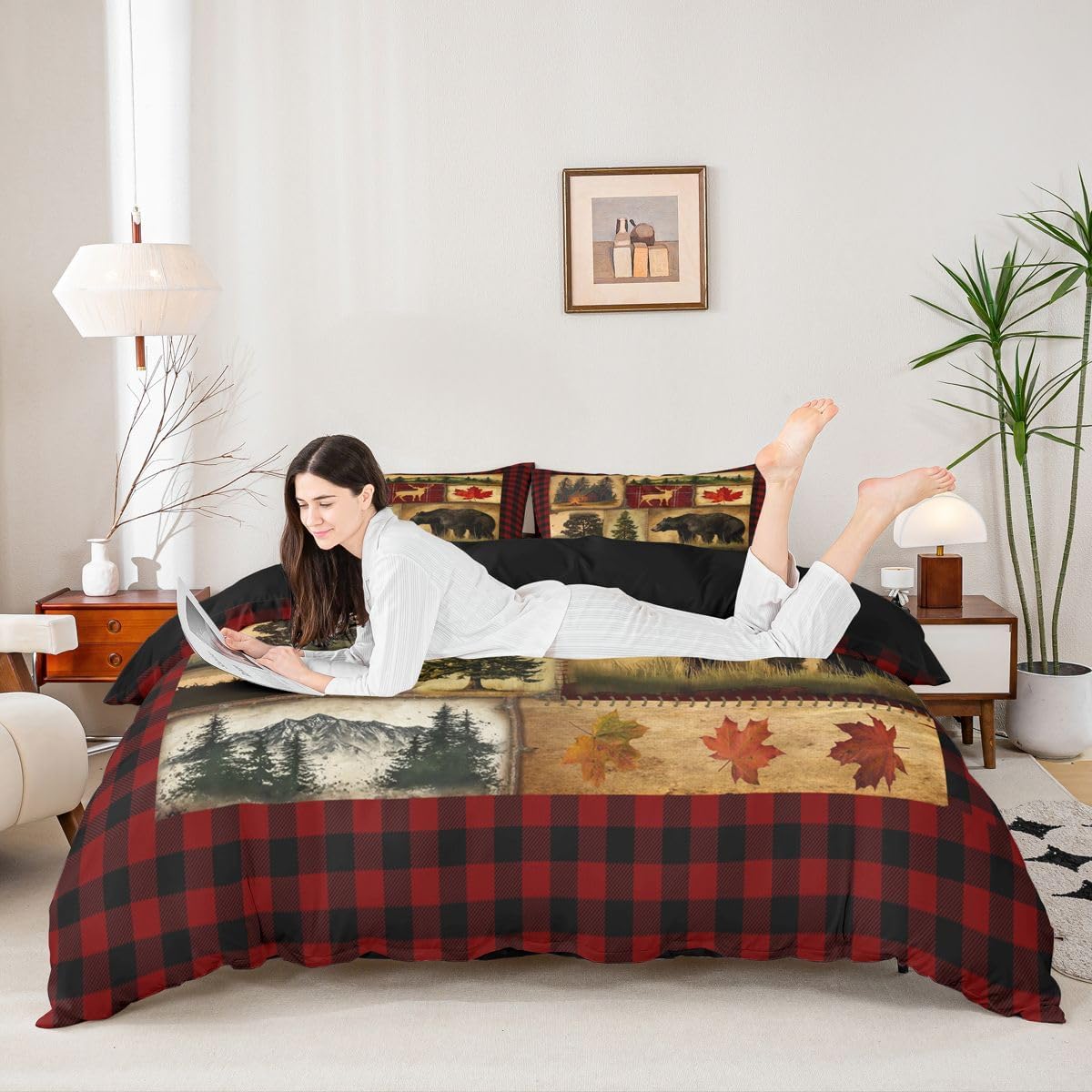 Bear Cabin Plaid Duvet Cover Twin, Rustic Farmhouse Comforter Cover, Retro Hunting Deer Bedding Set, Country Woodland Pine Tree Bed Cover, Maple Leaf Lodge Decor Quilt Cover, Red Black Brown