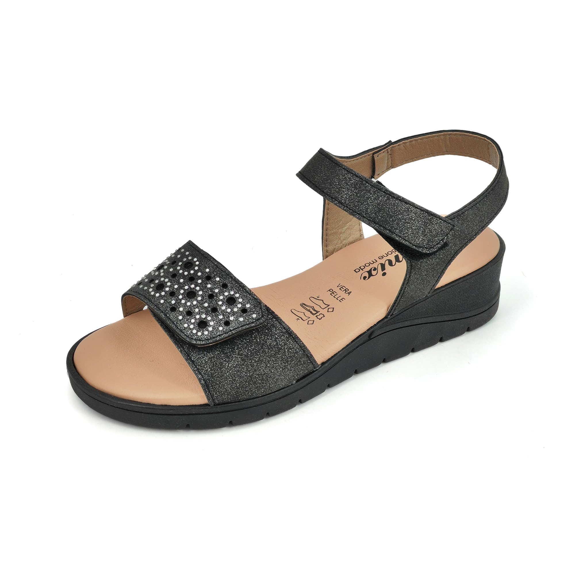 JOMIX Sandali Donna Estivi Zeppa Bassa in Vera Pelle Eleganti con Strass Comodi Chiusura a Strappo Made in Italy