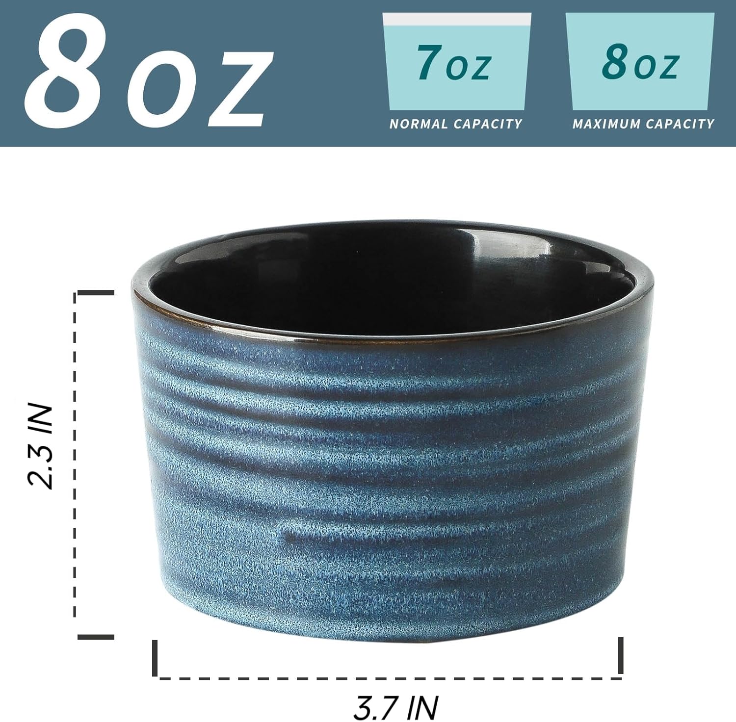Hasense Ramekins 8 oz Oven Safe for Creme Brulee, Ceramic Souffle Dish with Reactive Glaze for Baking, Porcelain Pudding Custard Cups Set of 6 for Dip Sauce Yogurt Dessert and Ice Cream, Blue