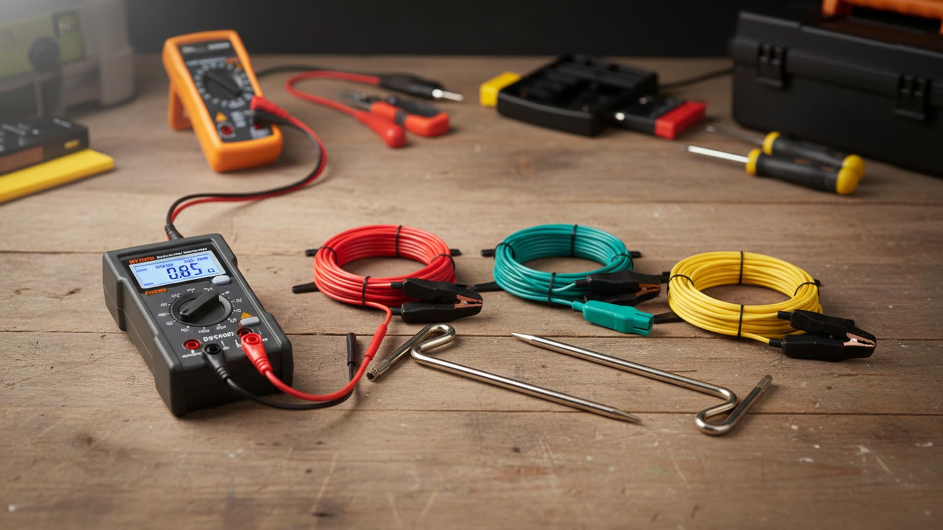 Digitales Erdungswiderstandsmessgerät, Zubehör-Set für 3 Prüfdrähte und 2 Hilfs-Erdungsstangen für DY4100 Erdungsmessgerät, professionelle Erdungs-Messleitungen für Elektriker