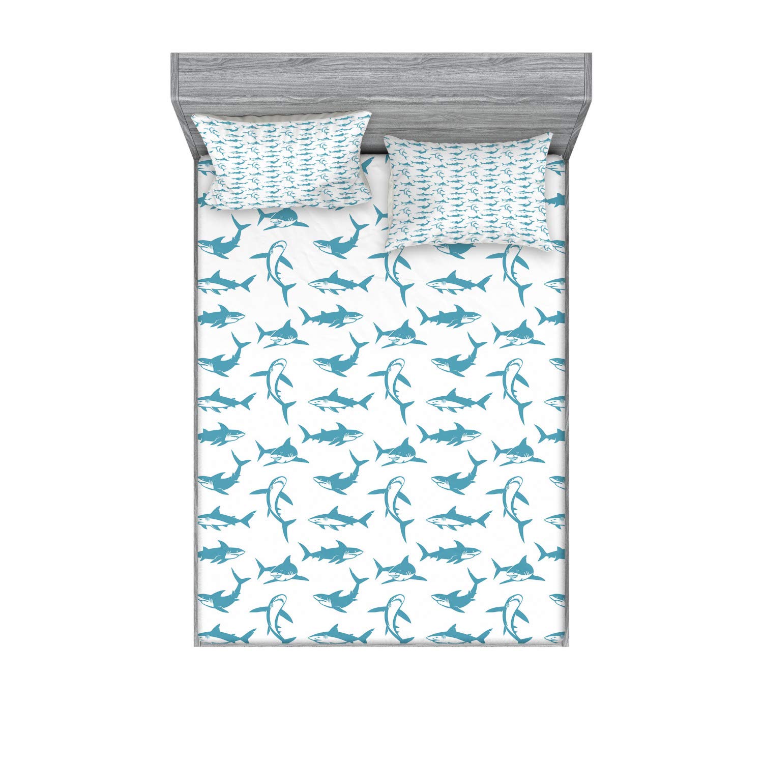 Amazon Com Ambesonne 鯊魚床包 枕頭套套組海洋恐怖捕食者藍色魚鰭和鋒利牙齒海洋卡通裝飾印花3 件式寢具裝飾套組特大雙人床白色藍色