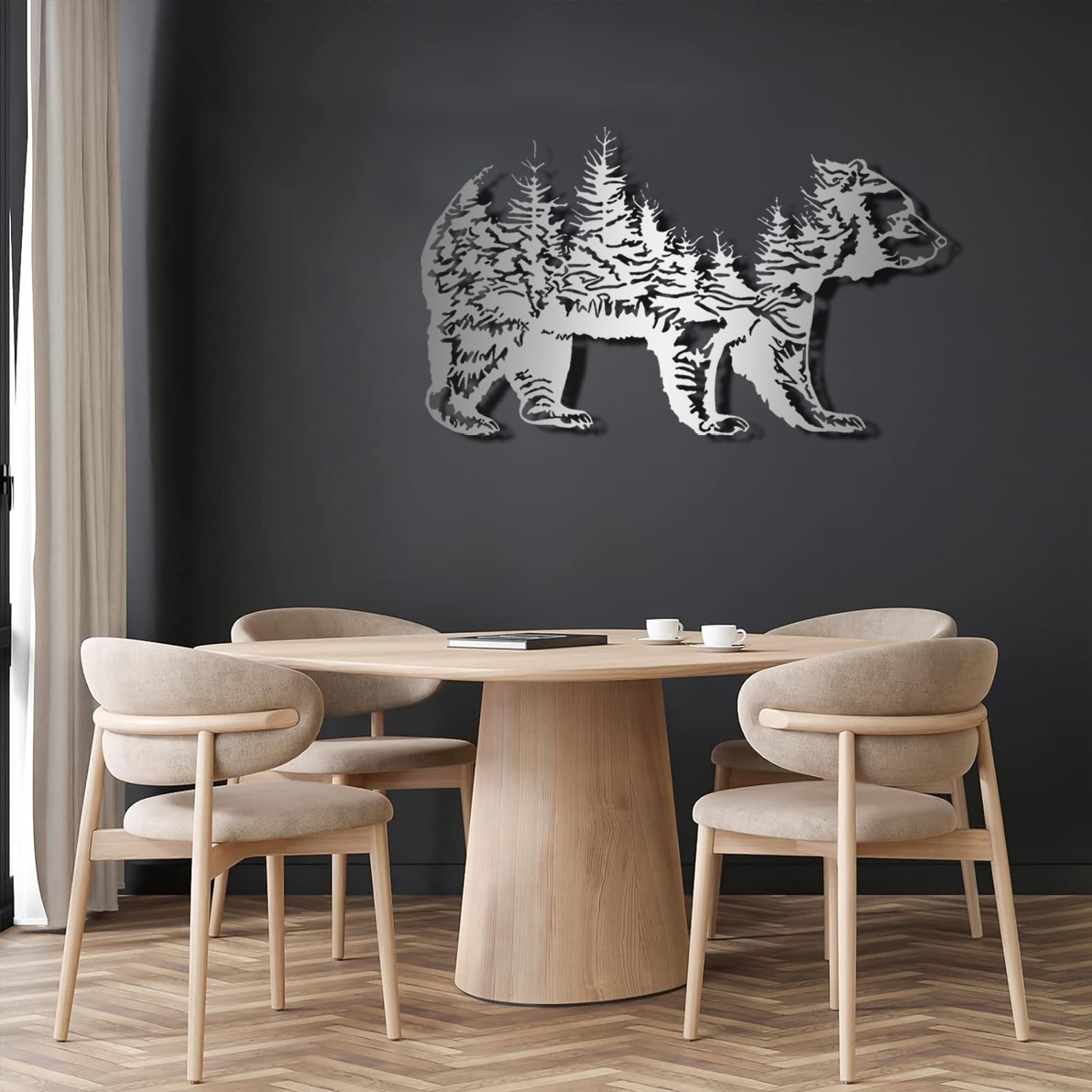 Nowoczesna minimalistyczna metalowa dekoracja ścienna z rustykalnym niedźwiedziem górskim idealna do salonu, sypialni lub na zewnątrz (53 x 31 cali / 135 x 79 cm, neg