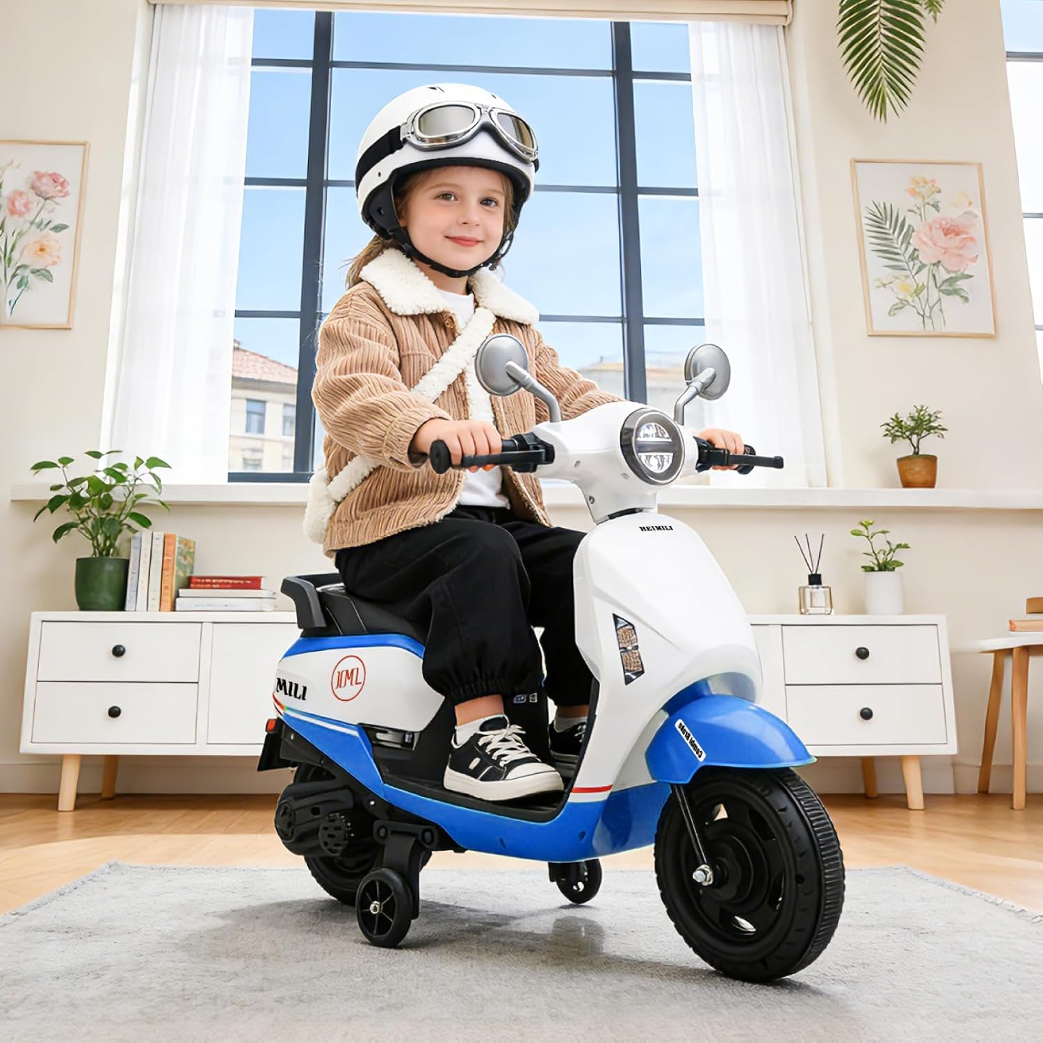 HEIMILI Kids Electric Moped,6V Kids Scooter with Elegant Design, Pedal Start, Music&Light,Moped for Girls, Toddler Ride on Scooter for 1-3 Years Old (Blue)