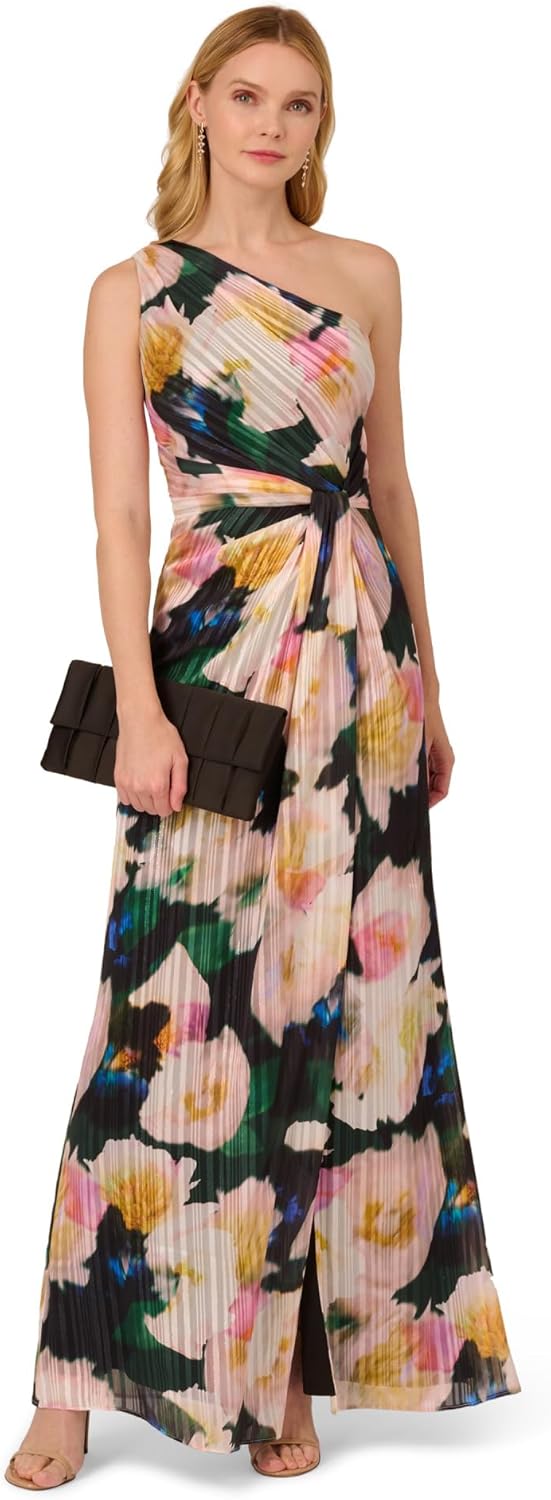Adrianna Papell Women's One Shoulder Chiffon Gown | Long Evening Gown with Pleated Skirt, Fitted Bodice & Side Leg Slit, Black/Blush Multi 6